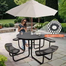 Gndigufa Picnic Tables with Umbrella Hole, Outdoor Steel Heavy Duty Commercial Grade Black Table, Bench Set for Lawn, Patio, Park, Yard, Garden, Porch (46'') (Round)