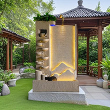 Luxury Elegant Cement Water Wall Tiered Fountain with Lights – 8.2ft Outdoor/Indoor Modern Landscape Feature,Europe Mountain Design, Housewarming,Shop Opening Gift (Left)(Left)
