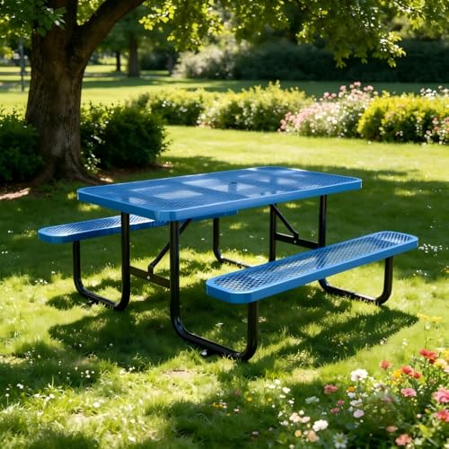 KEIKI 72" Heavy-Duty Metal Picnic Table with Benches, Commercial Outdoor Steel Table with 2.12" Umbrella Hole, 2.5mm Mesh Top, Rust-Resistant Coating, Patio Backyard Park Dining Furniture, Blue