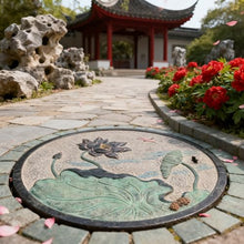 28 in Manhole Cover, Well Covers for Yard Decorative, Stepping Stones Outdoor Lotus Leaf and Lotus Relief Pattern Sandstone Materials