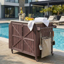 YATON Outdoor Grill Cart with Stainless Steel Top, Rolling Outdoor Kitchen Island with Storage Cabinet & 3-Tier Side Shelves, BBQ Prep Table on Wheels with Hooks for Patio Backyard,Brown