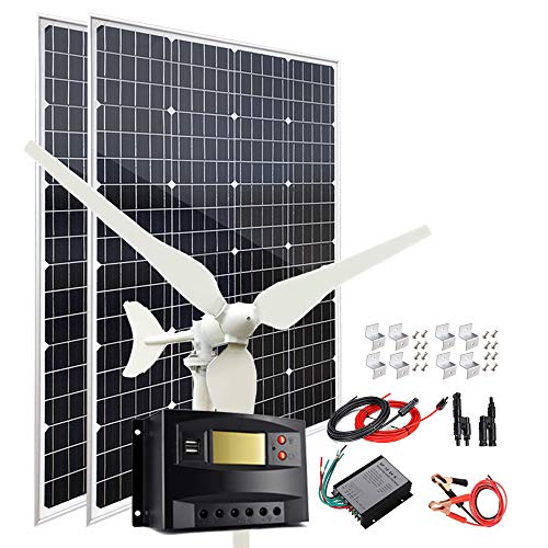 340W Solar Wind Power Kit Battery Charging System: 100W Wind Turbine Generator + 2pcs 120W Monocrystalline Solar Panel + Wind Controller + Solar Charge Regulator + Extension Cables + Brackets Mount
