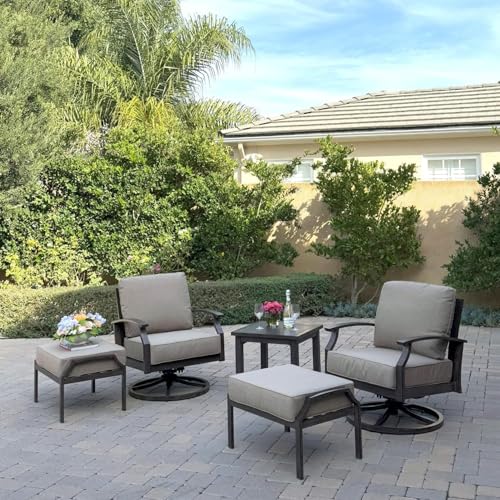Darlee Atlantis 5 Pc Aluminum Seating Set w/ 2 Swivel Rocker Club Chairs & 2 Ottomans in Walnut/Beige