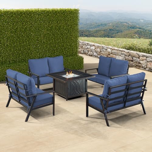 Oakland Living Black Aluminum Patio Fire Table Set with Four Deep Seating Loveseats with Cushions with Blue Cushions