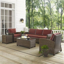 Pemberly Row 5 Piece Wicker Patio Sofa Set, Brown Finish with Sangria Cushions, Steel Frame, All-Weather Resin Wicker, Includes Sofa, 2 Chairs, Coffee Table, Side Table, UV Resistant Outdoor