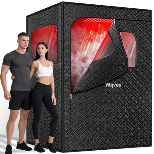 WQVOX Double Infrared Steam Sauna, Portable Infrared Sauna, Enlarged Size and Two 3L Steamers, Two Upgrade Chairs, Infrared Sauna Room with 660 & 850nm Red Light Therapy, 72 "x 50" x 36 ", Black
