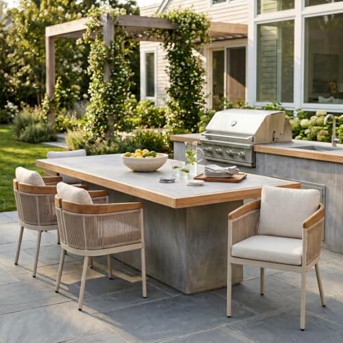 Merax Set of 4 Outdoor Dining Chair with Acacia Wood Armrests & Cushions