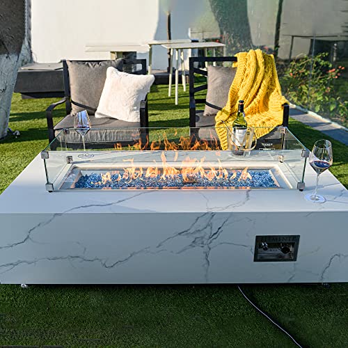 Carrara Marble Fire Pit 59.8" x 28" Patio Firepit Includes Fire Glass Modern Fire Pits & Outdoor Fireplaces for Garden, Deck, Indoor & Outdoor Heating