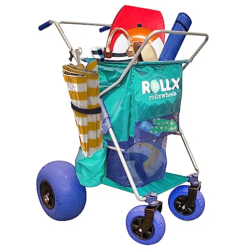 RollX Beach Cart With 4 Balloon Wheels for Sand, Foldable Storage Wagon With Rear 13 Inch and Front 7 Inch Tires (Pump Included) (Seafoam)