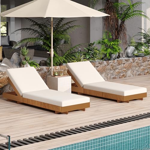 Merax 2-Piece Acacia Wood Chaise Lounge Set w/ 6-Position Adjustable Backrest & Cushion - Outdoor Patio Poolside Furniture, Beige