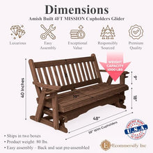 4 FT WALNUT Porch MISSION Glider Cupholders Bench for 2 Person, Amish-Made Pine Wood Patio Glider, Smooth Glide, Balanced Construction, Even Weight Distribution, Relaxed Seating Angle, Made in USA