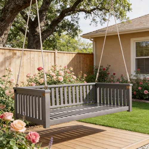 Outdoor Porch Swing, Twin Size Patio Swing Bed with Hemp Rope, Acacia Wood Hanging Bed with Safe Sloped Design, Sleek Minimalist, 350 lbs Capacity for Garden Backyard Deck,Gray