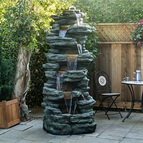 Alpine Corporation TZL274 Outdoor Floor Cascading Stone Fountain w/LED Lights, Multi-Tier Garden Water Fountain, 79" H, Gray