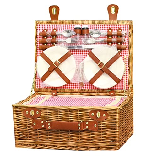 Wicker Picnic Basket Set for 4 Persons with Large Insulated Cooler Compartment, Willow Picnic Hamper Basket with Cutlery Service Kits for Camping, Wedding, Anniversary,Red