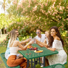 46" Square Top Outdoor Picnic Table Set for Up to 8 Persons, Outside Table Set with 4 Built-in Benches, Metal Commercial-Grade Dining Furniture with Umbrella Hole for Garden, Backyard, Porch, Green