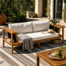 Merax Acacia Wood Outdoor Loveseat with Cream Cushion, Coastal Style Patio Daybed Loveseat Sofa with Rope Side Panels & Built-in Side Storage Shelves, 2-Seater Patio Bench for Garden Backyard