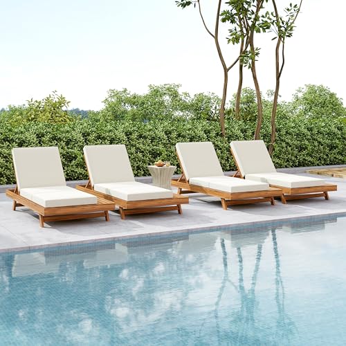 Christopher Knight Home Kayes Acacia Wood Chaise Lounge Chair Outdoor Set of 4, Poolside Sun Lounger Recliner, Patio Outdoor Chaise Lounge with 4'' Triple Folds Cushion, Teak+Cream