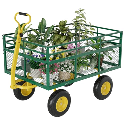 Yard Cart 1400 LBS Capacity, 10" Pneumatic Tires & Convertible Flatbed, Heavy Duty Steel Garden Utility Wagon for Lawn, Farm, Construction, Hauling Soil, Mulch, Firewood