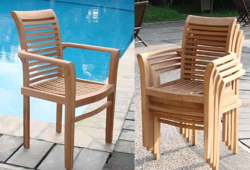 TeakStation Qty 4 - Mas 100% Grade-A Teak Wood Stacking Dining Arm/Captain Chair #TSDCARMS4