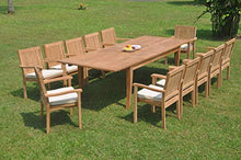 WholesaleTeak 12 Seats 13 Pcs Grade-A Teak Wood Dining Set: 122" Atnas Double Extension Rectangle Table and 12 Leveb Stacking Arm Chairs #WHDSLV