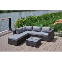 Pemberly Row Outdoor Sectional Sofa Set, Gray Cushions, Brown Wicker/Rattan Frame, 86" L x 80" W x 28" H, Tempered Glass Top Coffee Table, Water-Resistant Cushions, Modern Patio Furniture for