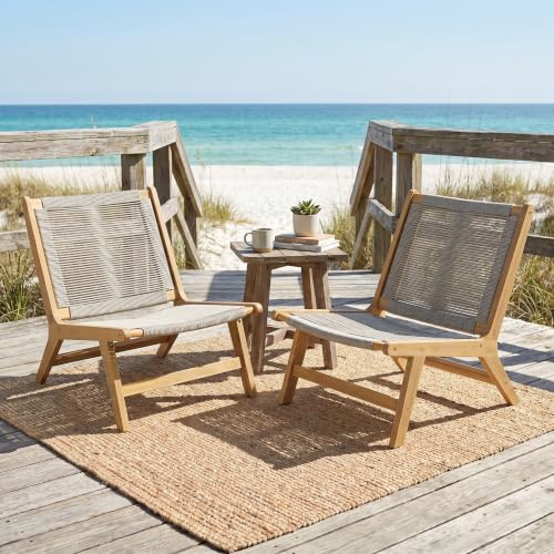 Christopher Knight Home Calma Acacia Wood Patio Accent Chairs Set of 2, Outdoor Bistro Chair Set with Woven Rope Seat, Lounge Chair Outdoor for Patio Furniture Set, Light Teak+Beige