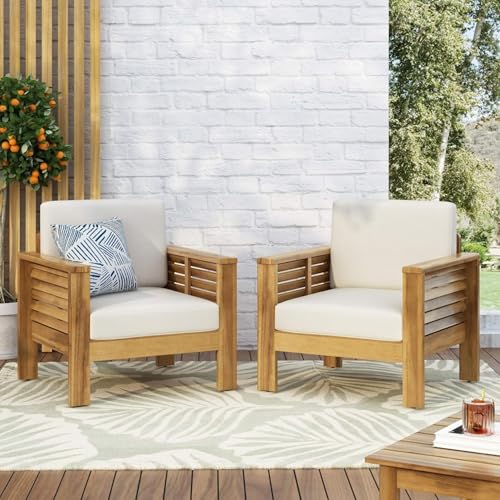 Acacia Wood Outdoor Furniture Set with Water-Resistant Cushions, Patio Club Chair and Loveseat with Matching Side Table, All-Weather Slat Design Seating (Brown,2 Chairs)