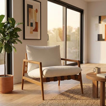 Modway Nomi Teak Wood Outdoor Sling Accent Chair in Natural White - Faux Leather Vegan Patio Armchair with Removable Cushioned Upholstery