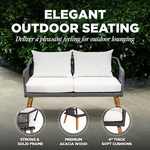 IDZO Serene Outdoor Conversation Set 4 Pieces FSC Certified Acacia Wood with Soft Cushions Cream Opal