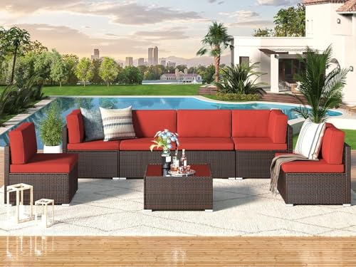 HTERWQEA Patio Conversation Set Outdoor Furniture, 7 Pieces Brown Wicker Rattan Sectional Sofa with Cushions, Modular Patio Furniture Set for Backyard, Deck, Garden, Porch