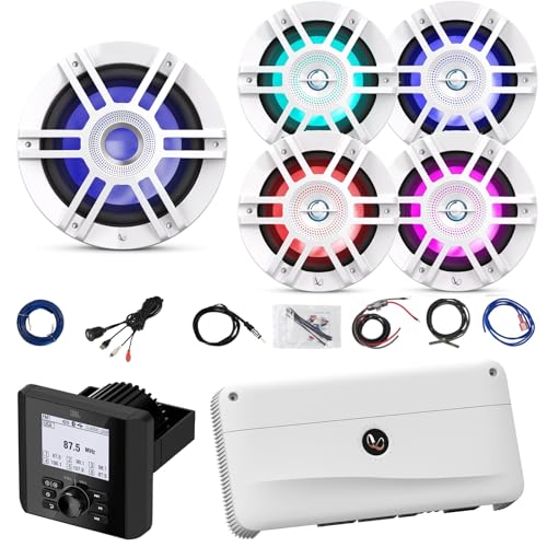 Enrock Marine Bluetooth Multi-Element Digital Media Receiver with 4x 6.5" 300W Speakers, 10" 900W Subwoofer, 5 Channel Amp, and Accessories