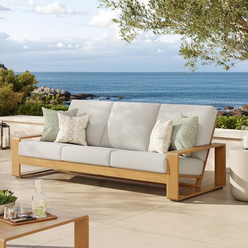 Modway Lirienne Aluminum Faux Wood Outdoor Sofa in Ivory Natural - Weather-Resistant Modern 3-Seater Patio Couch with Removable Woven Fabric Cushions