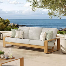 Modway Lirienne Aluminum Faux Wood Outdoor Sofa in Ivory Natural - Weather-Resistant Modern 3-Seater Patio Couch with Removable Woven Fabric Cushions