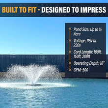 Outdoor Water Solutions Floating Pond Fountain – Aerify 1/2 HP, 230V Motor, 500 GPM Aerating Nozzle, 18–24" Depth, 150 ft Power Cable – Aerator for Ponds up to 1/2 Acre