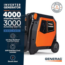 Generac 4,000 Starting Watt Gas Portable Inverter Generator, Extension Cord