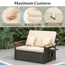 LDAILY Moccha Outdoor Wicker Daybed, Patio Rattan Loveseat Sofa w/ 4-Level Adjustable Backrest, Folding Panels, Storage Ottoman & Cushions, Lounge Furniture Set for Poolside Backyard Porch (Beige)