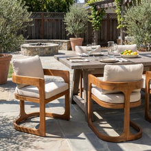 Christopher Knight Home Zeke Outdoor Dining Chairs Set of 2, Acacia Wood Dining Chairs with Water-Resistant Cushions, Patio Side Chairs with U-Shaped Sled Base & Curved Armrests, Beige + Teak