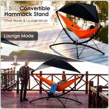 Portable Outdoor Hammock with Sturdy Folding Stand, Adjustable Canopy Shade, and Carry Bag for Backyard, Camping, Beach, or Garden Use (Black + Aluminium Alloy + Nylon + Steel)