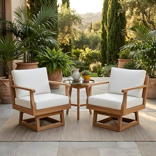 Christopher Knight Home Patio Swivel Chair Set of 2, Acacia Wood Outdoor Rocking Chairs with 360 Degree Swivel Base, Cushions & Back Pillows, Deep Seating Patio Chairs for Porch Deck Garden, Off White