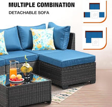 HTERWQEA 5-Piece Wicker Patio Furniture Set, PE Rattan Sectional Sofa with Storage Table & Peacock Blue Cushions, Outdoor Conversation Set for Garden or Porch