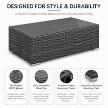 Golden Flame Long Outdoor Coffee Table, Rectangular Patio Wicker Coffee Table with Tempered Glass Top, HDPE Resin Wicker, Aluminum Frame, Brushed Aluminum Feet, Textured Slate
