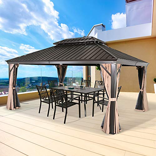 Patio Tree 12' x 16' Aluminum Frame Outdoor Gazebo Tent with Mosquito Net and Polyester Curtain