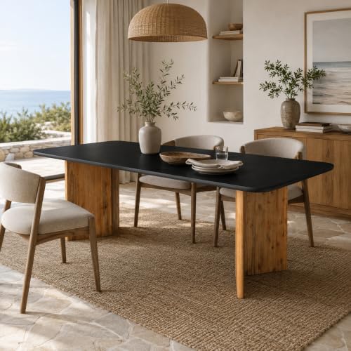 Modern Indoor/Outdoor Matte Black 86.6" Rectangular Poly-Fiber Dining Table with Acacia Wood Legs