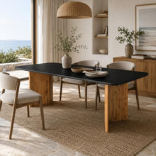 Modern Indoor/Outdoor Matte Black 86.6" Rectangular Poly-Fiber Dining Table with Acacia Wood Legs