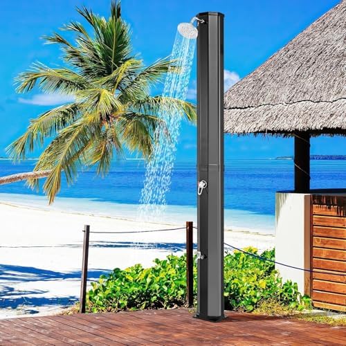 HUXUZYDY Outdoor Solar Heated Shower with Temperature Adjustment, 360° Rotating Head, Foot Shower & Faucet for Pool, Beach, and Garden Use,