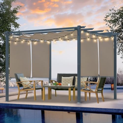 Masyardi 10 x 10 Ft Outdoor Aluminum Pergola, Retractable Canopy & 2 Sides Shades for Patio Backyard Garden Deck