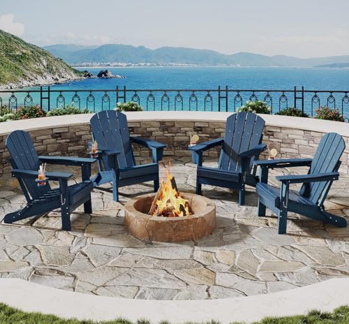 Garvee HDPE Folding Adirondack Chair Set of 4 with Cup Holder, Navy Blue