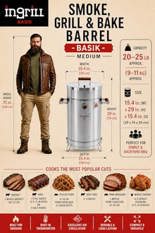 INGRILL Medium 25 lbs Vertical Stainless Steel Barrel Smoker Grill, 3-in-1 Charcoal BBQ to Smoke, Grill & Bake, Low-Smoke Design with Complete Accessory Kit for Backyard, Patio & Camping