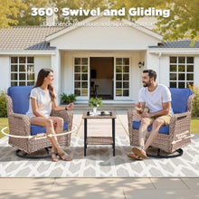 Hassyee 3 Pieces Wicker Bistro Set with Swivel Rocker Chairs and Square Coffee Table for Poolside, Balcony, Outdoor Patio Furniture Set with Washable Cushions and Glass Tabletop for Garden