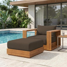 Outdoor Escape Brown Outdoor Patio Acacia Wood Armchair and Ottoman Set, Stylish, Durable Garden Furniture, Comfortable Seating for Patio and Garden
